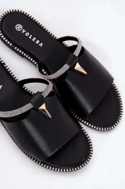 Damskie Boto Eko Skórzane Klapki Na Płaskim Obcasie Z Ozdobnym Paseczkiem Czarne Hirtewi