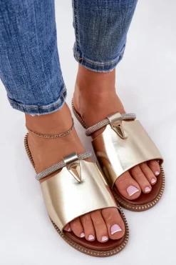 Sale Boto Eko Skórzane Klapki Na Płaskim Obcasie Z Ozdobnym Paseczkiem Złote Hirtewi