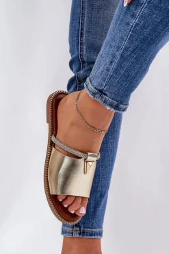 Sale Boto Eko Skórzane Klapki Na Płaskim Obcasie Z Ozdobnym Paseczkiem Złote Hirtewi