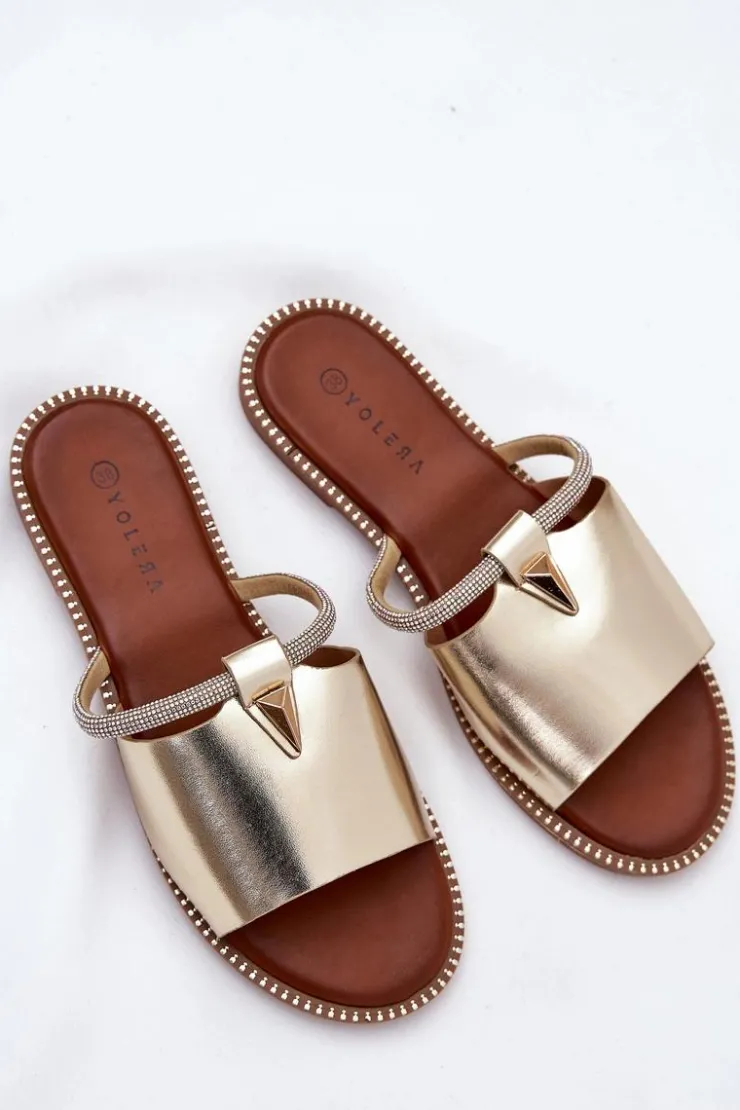 Sale Boto Eko Skórzane Klapki Na Płaskim Obcasie Z Ozdobnym Paseczkiem Złote Hirtewi