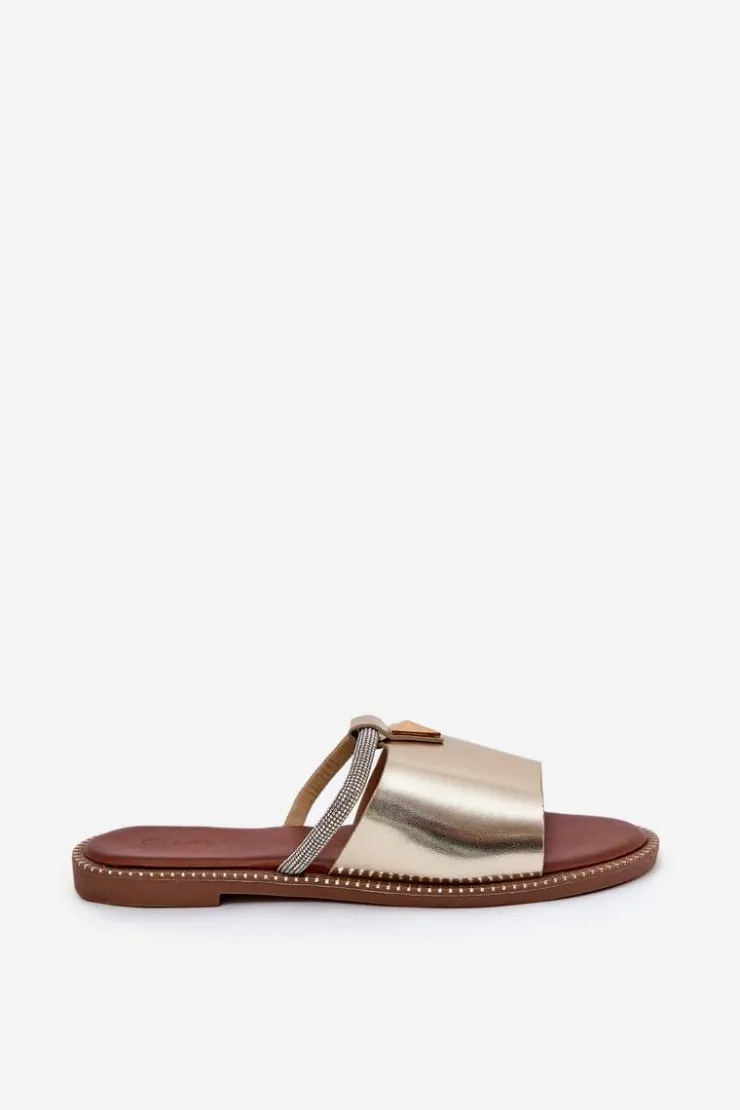 Sale Boto Eko Skórzane Klapki Na Płaskim Obcasie Z Ozdobnym Paseczkiem Złote Hirtewi