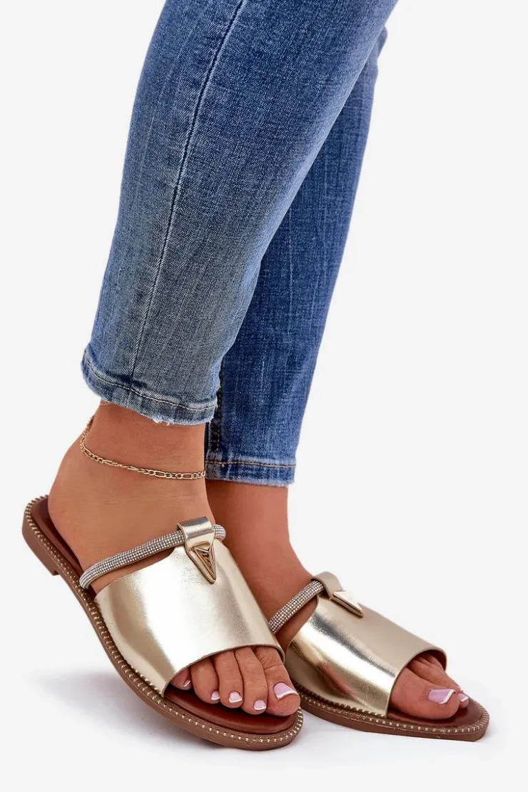 Sale Boto Eko Skórzane Klapki Na Płaskim Obcasie Z Ozdobnym Paseczkiem Złote Hirtewi