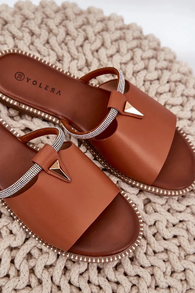 Boto Eko Skórzane Klapki Na Płaskim Obcasie Z Ozdobnym Paseczkiem Camel Hirtewi