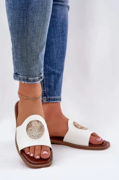 Boto Klapki Damskie Klasyczne*Eko Skórzane Klapki Na Płaskim Obcasie Z Ozdoba Białe Tatereia