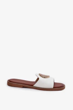 Boto Klapki Damskie Klasyczne*Eko Skórzane Klapki Na Płaskim Obcasie Z Ozdoba Białe Tatereia