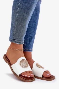 Boto Klapki Damskie Klasyczne*Eko Skórzane Klapki Na Płaskim Obcasie Z Ozdoba Białe Tatereia