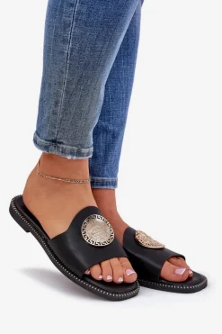 Damskie Boto Eko Skórzane Klapki Na Płaskim Obcasie Z Ozdoba Czarne Tatereia