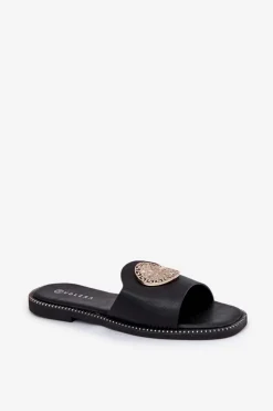 Damskie Boto Eko Skórzane Klapki Na Płaskim Obcasie Z Ozdoba Czarne Tatereia