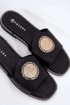 Damskie Boto Eko Skórzane Klapki Na Płaskim Obcasie Z Ozdoba Czarne Tatereia