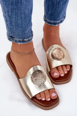 Damskie Boto Eko Skórzane Klapki Na Płaskim Obcasie Z Ozdoba Złote Tatereia