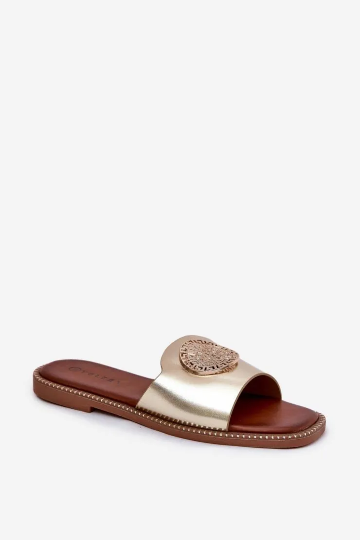 Damskie Boto Eko Skórzane Klapki Na Płaskim Obcasie Z Ozdoba Złote Tatereia