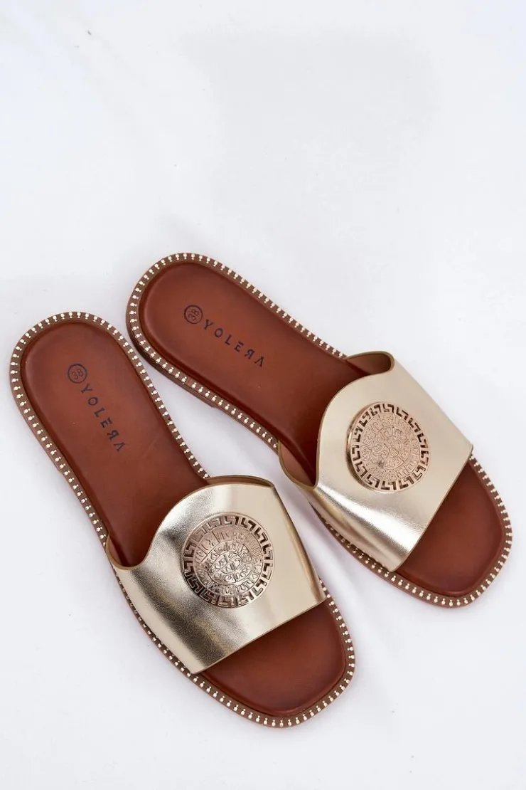 Damskie Boto Eko Skórzane Klapki Na Płaskim Obcasie Z Ozdoba Złote Tatereia