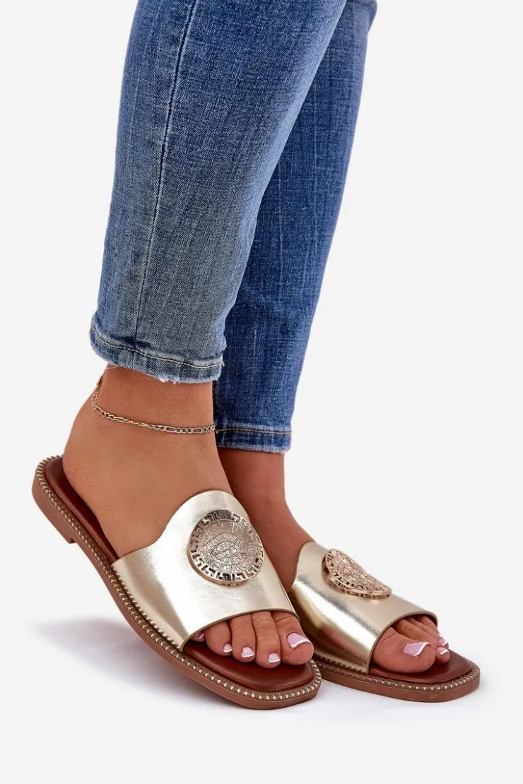 Damskie Boto Eko Skórzane Klapki Na Płaskim Obcasie Z Ozdoba Złote Tatereia