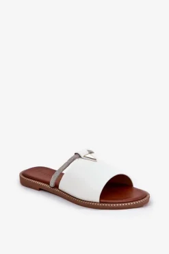 Boto Klapki Damskie Klasyczne*Eko Skórzane Klapki Na Płaskim Obcasie Z Ozdobnym Paseczkiem Białe Hirtewi