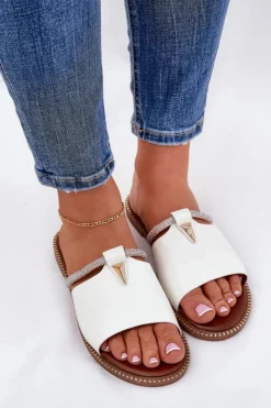 Boto Klapki Damskie Klasyczne*Eko Skórzane Klapki Na Płaskim Obcasie Z Ozdobnym Paseczkiem Białe Hirtewi