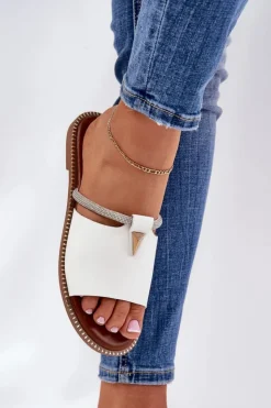 Boto Klapki Damskie Klasyczne*Eko Skórzane Klapki Na Płaskim Obcasie Z Ozdobnym Paseczkiem Białe Hirtewi