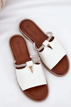 Boto Klapki Damskie Klasyczne*Eko Skórzane Klapki Na Płaskim Obcasie Z Ozdobnym Paseczkiem Białe Hirtewi