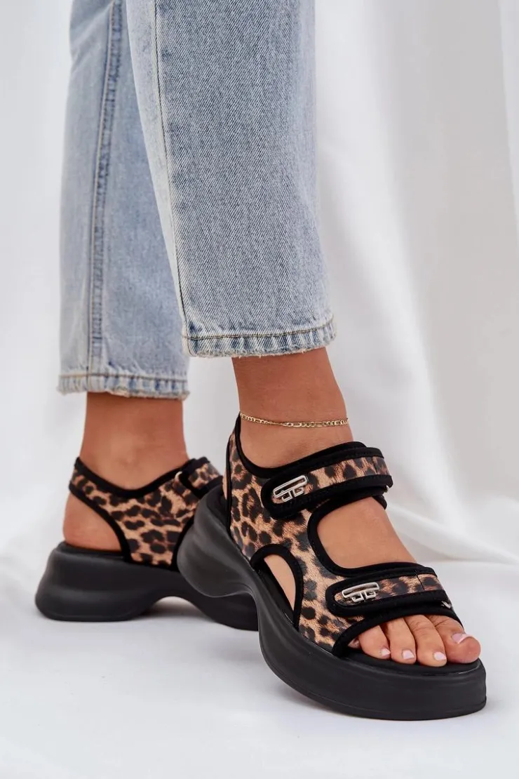 Damskie Boto Eko Skórzane Lekkie Sandały Na Platformie Panterka Brązowe Deniffia