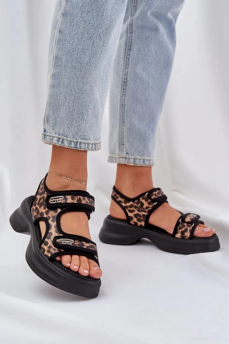 Damskie Boto Eko Skórzane Lekkie Sandały Na Platformie Panterka Brązowe Deniffia