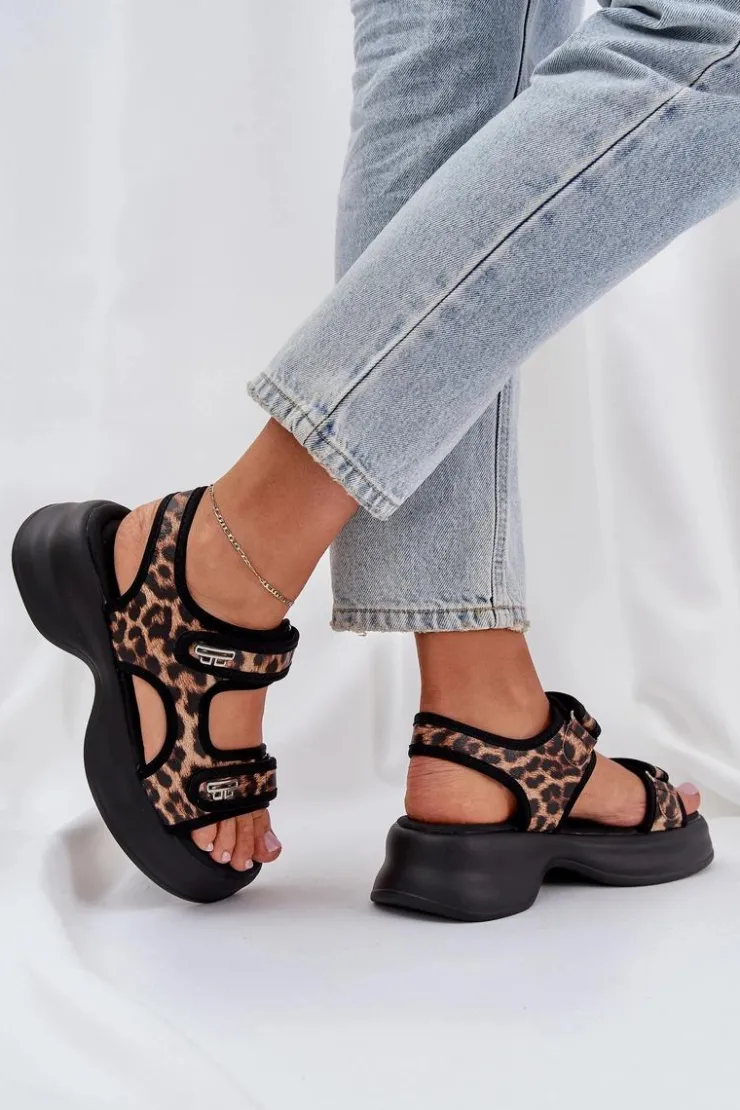 Damskie Boto Eko Skórzane Lekkie Sandały Na Platformie Panterka Brązowe Deniffia