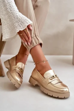 Boto Mokasyny Damskie Skórzane*Eko Skórzane Mokasyny Damskie Z Ozdobą Złote Zanita