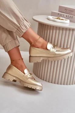 Boto Mokasyny Damskie Skórzane*Eko Skórzane Mokasyny Damskie Z Ozdobą Złote Zanita