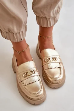 Boto Mokasyny Damskie Skórzane*Eko Skórzane Mokasyny Damskie Z Ozdobą Złote Zanita