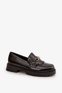 Damskie Boto Eko Skórzane Mokasyny Damskie Ze Złotą Ozdobą Czarne Zanita