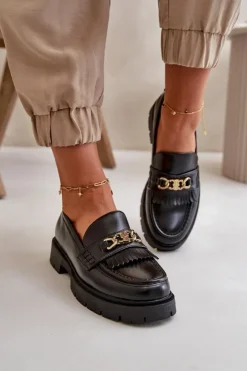 Damskie Boto Eko Skórzane Mokasyny Damskie Ze Złotą Ozdobą Czarne Zanita