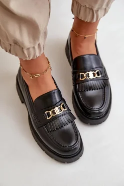 Damskie Boto Eko Skórzane Mokasyny Damskie Ze Złotą Ozdobą Czarne Zanita