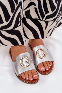 Sale Boto Eko Skórzane Płaskie Klapki Damskie Z Ozdobnym Detalem Srebrne Frelie Szary