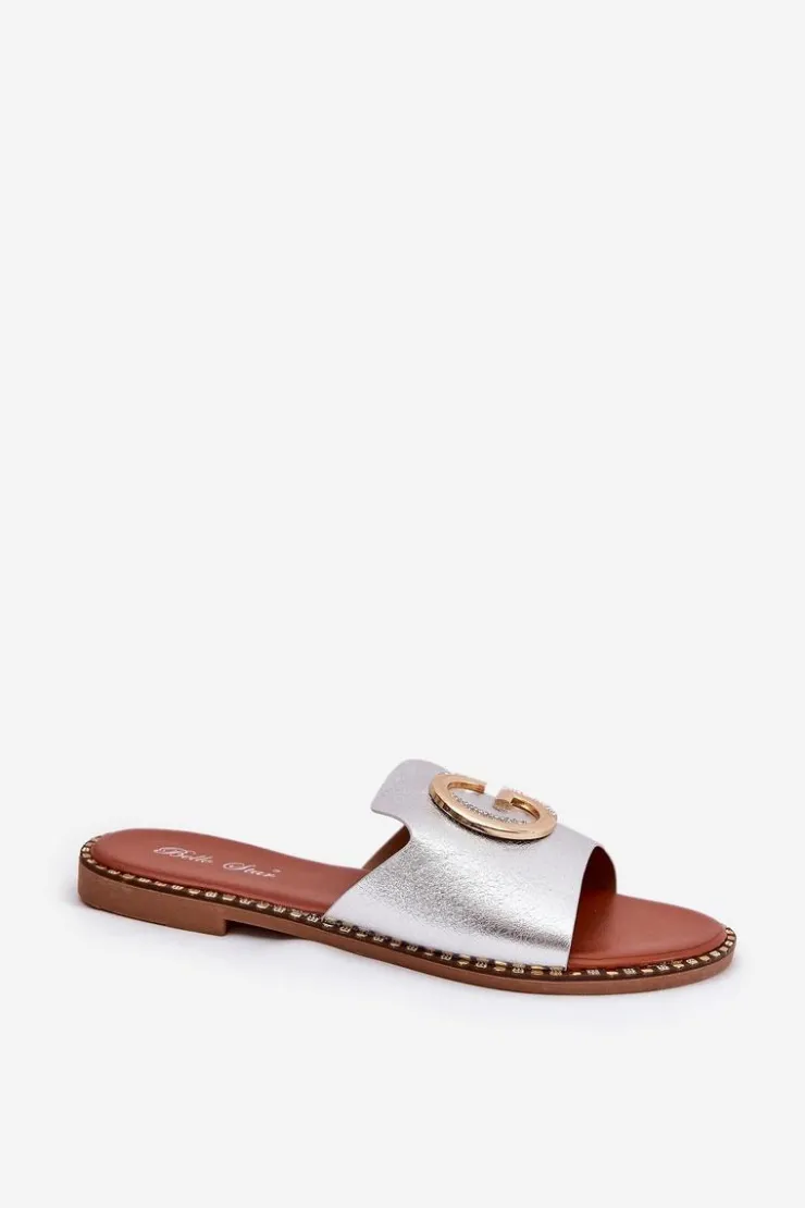 Sale Boto Eko Skórzane Płaskie Klapki Damskie Z Ozdobnym Detalem Srebrne Frelie Szary