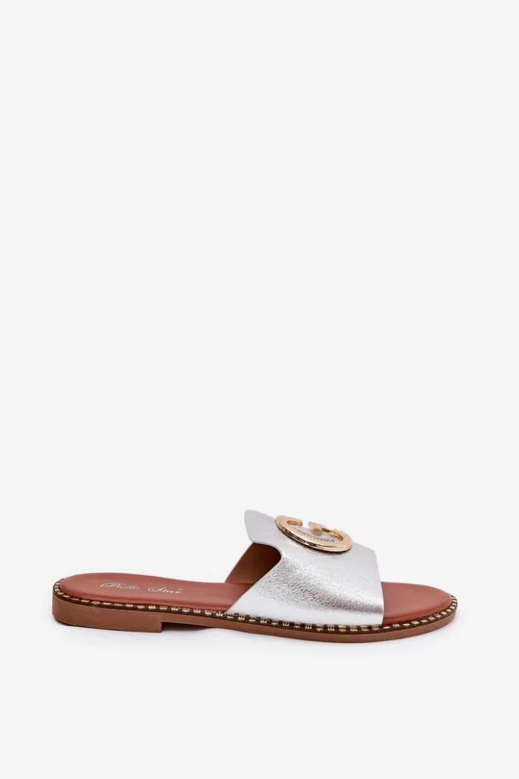 Sale Boto Eko Skórzane Płaskie Klapki Damskie Z Ozdobnym Detalem Srebrne Frelie Szary