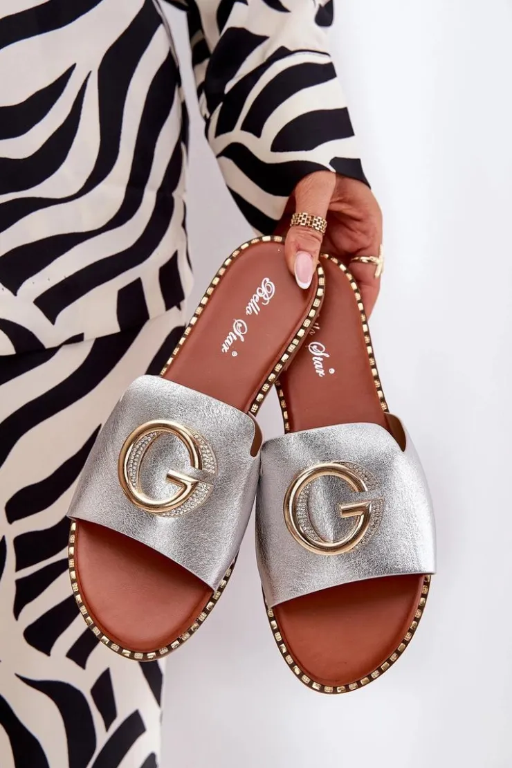 Sale Boto Eko Skórzane Płaskie Klapki Damskie Z Ozdobnym Detalem Srebrne Frelie Szary