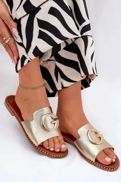 Clearance Boto Eko Skórzane Płaskie Klapki Damskie Z Ozdobnym Detalem Złote Frelie