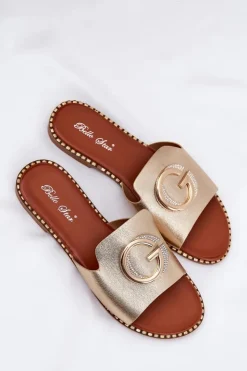 Clearance Boto Eko Skórzane Płaskie Klapki Damskie Z Ozdobnym Detalem Złote Frelie