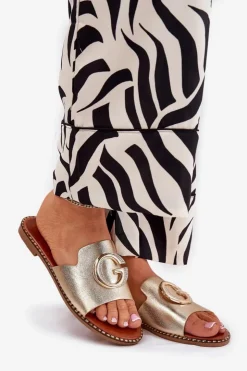 Clearance Boto Eko Skórzane Płaskie Klapki Damskie Z Ozdobnym Detalem Złote Frelie