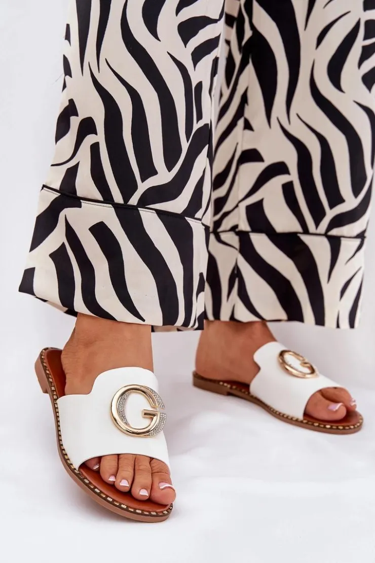 Best Boto Eko Skórzane Płaskie Klapki Damskie Z Ozdobnym Detalem Białe Frelie Biały