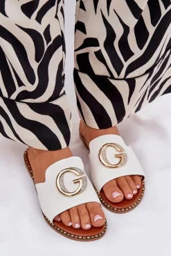 Best Boto Eko Skórzane Płaskie Klapki Damskie Z Ozdobnym Detalem Białe Frelie Biały