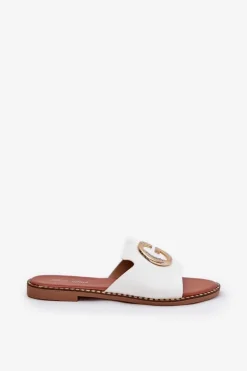 Best Boto Eko Skórzane Płaskie Klapki Damskie Z Ozdobnym Detalem Białe Frelie Biały