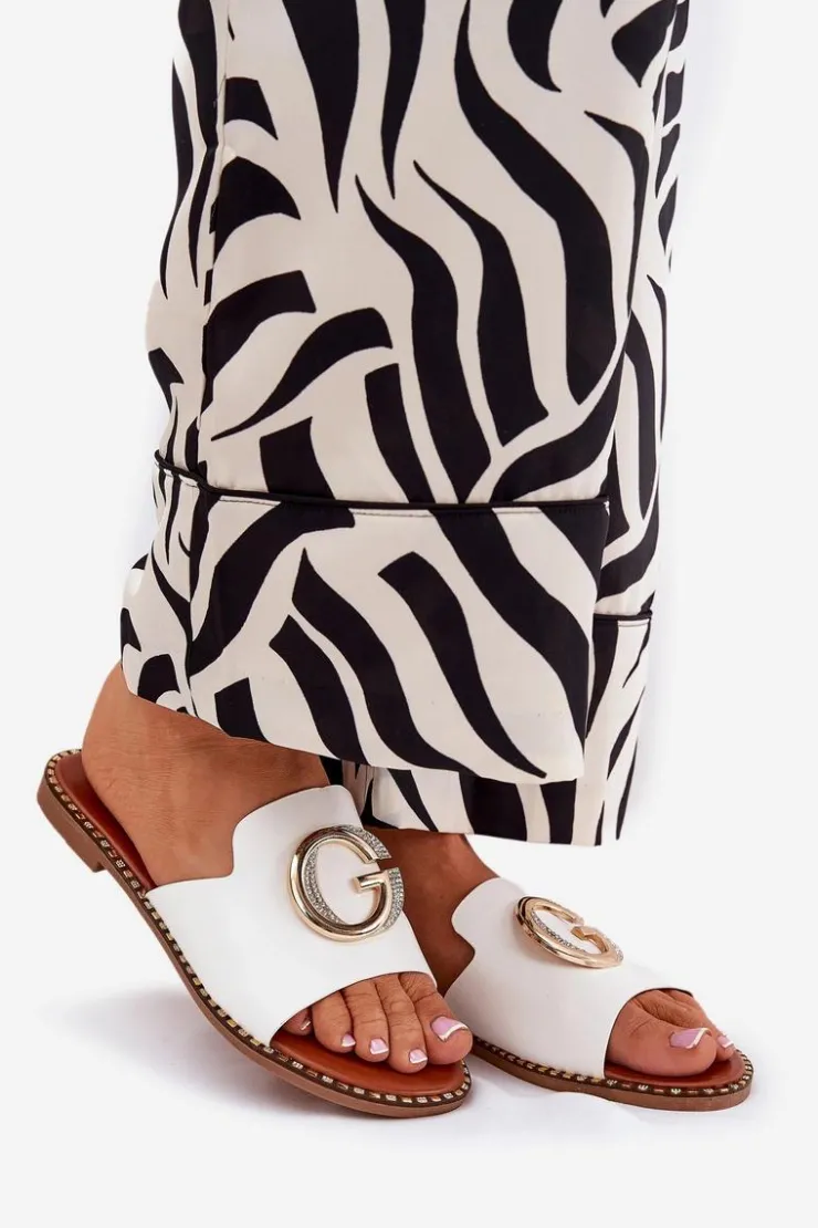 Best Boto Eko Skórzane Płaskie Klapki Damskie Z Ozdobnym Detalem Białe Frelie Biały