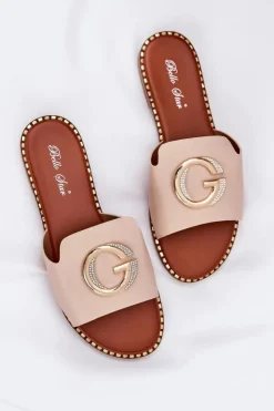 Damskie Boto Eko Skórzane Płaskie Klapki Damskie Z Ozdobnym Detalem Beżowe Frelie