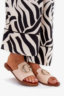 Damskie Boto Eko Skórzane Płaskie Klapki Damskie Z Ozdobnym Detalem Beżowe Frelie