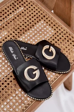 Boto Klapki Damskie Klasyczne*Eko Skórzane Płaskie Klapki Damskie Z Ozdobnym Detalem Czarne Frelie