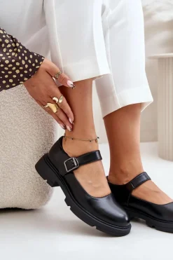 Boto Półbuty Lakierowane|Półbuty Skórzane*Eko Skórzane Półbuty Damskie Z Paskiem Czarne Vinceza 62179