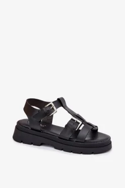 Discount Evento Eko Skórzane Sandały Damskie Z Klamrami Czarne Mireza