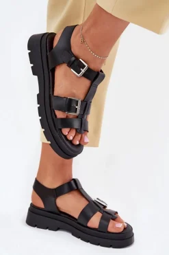 Discount Evento Eko Skórzane Sandały Damskie Z Klamrami Czarne Mireza