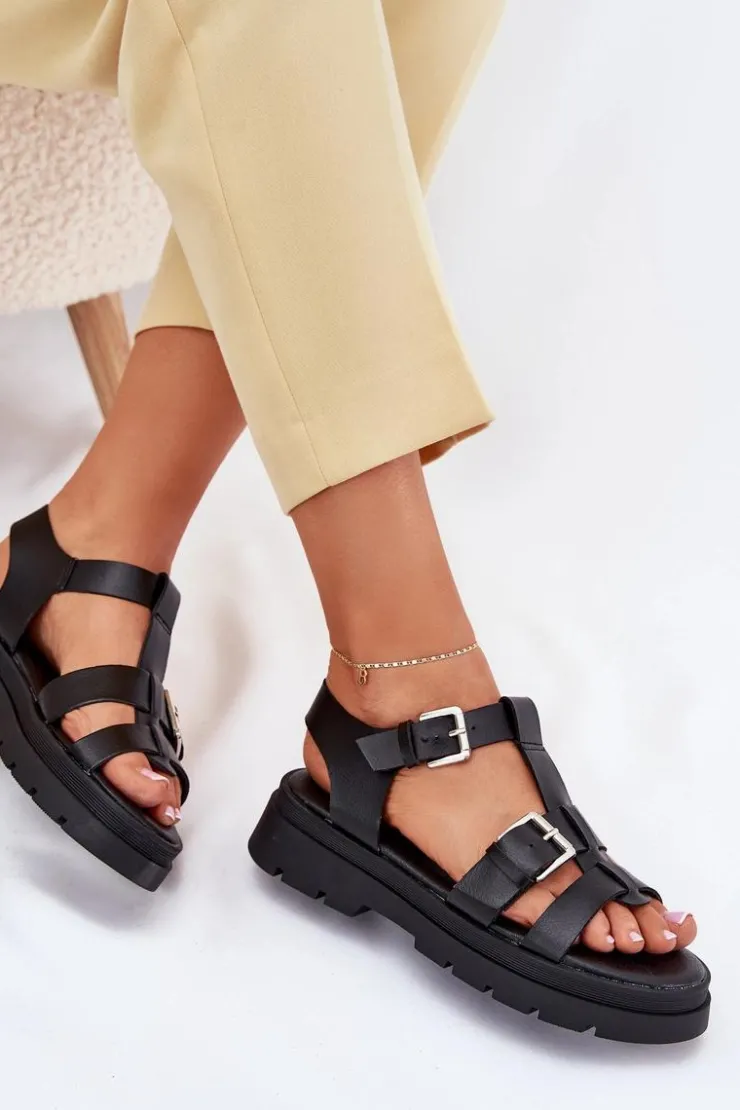 Discount Evento Eko Skórzane Sandały Damskie Z Klamrami Czarne Mireza