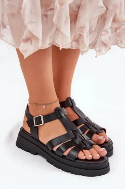 Damskie Boto Eko Skórzane Sandały Damskie Na Platformie Czarne Nendales