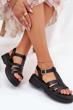 Damskie Boto Eko Skórzane Sandały Damskie Na Platformie Czarne Nendales